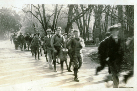 Scouts hiking from Fairfax to Camp Lilenthal along Bolinas road, 1929
