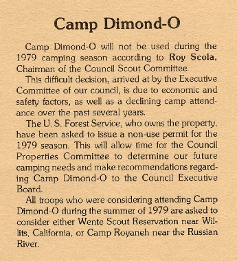 Article from January 1979 Bay Area Scouter announcing the closing of Dimond-O
